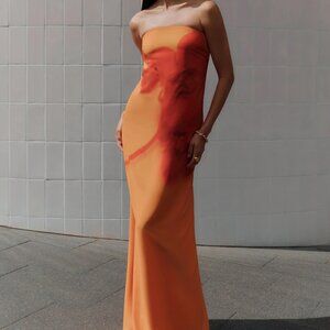 Meshki Amaya Strapless Chiffon Maxi Dress - Koi Orchid Print- Orange